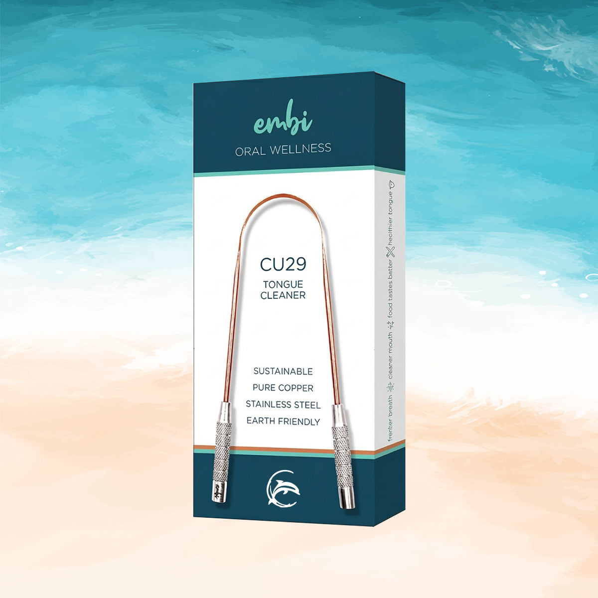 embi CU29 copper tongue cleaner packaging on beach background for fresh breath and oral hygiene