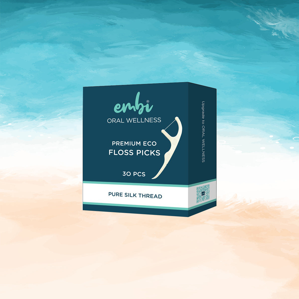 Picture of embi premium silk floss picks pack of 30 on a beach theme 