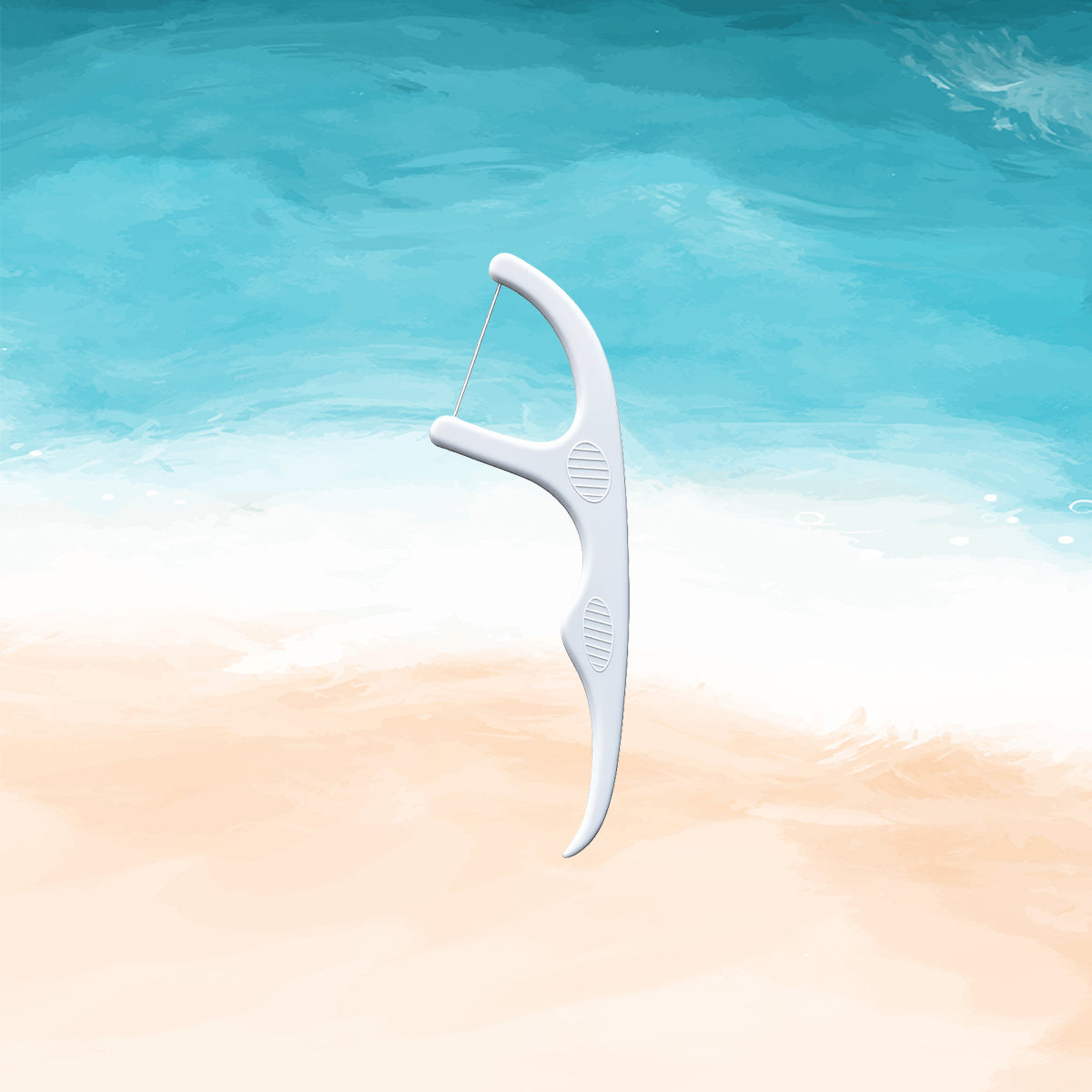 embi premium floss pick with a silk string on a beach theme background 