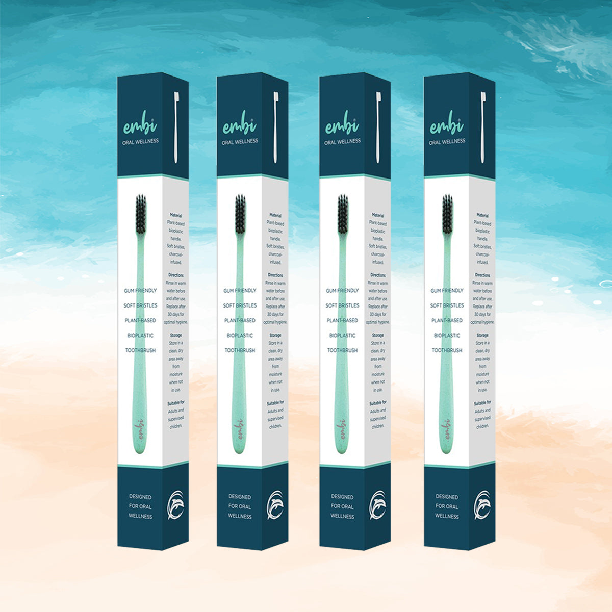 embi soft bristle toothbrush on a beach theme background