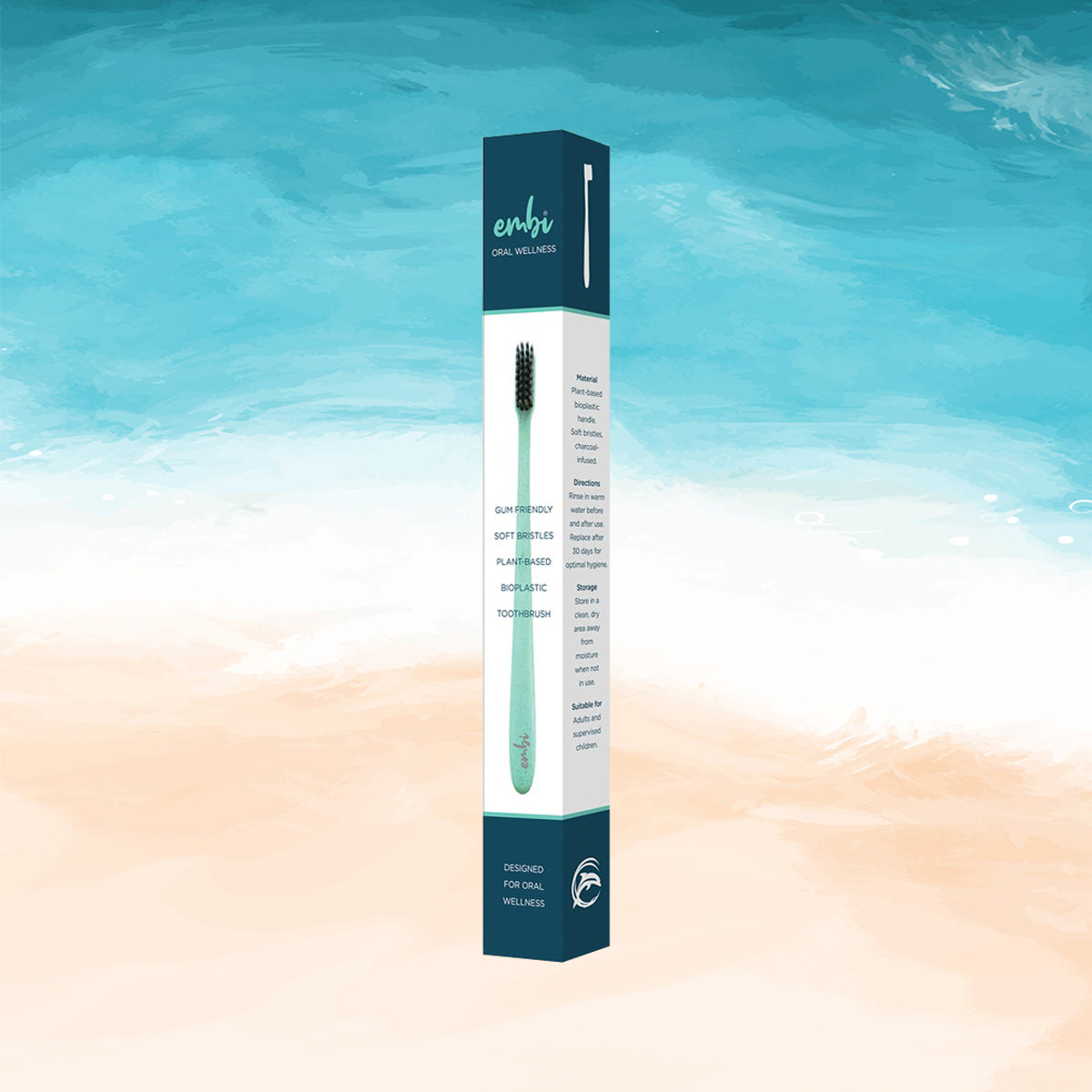 embi soft bristle toothbrush on a beach theme 
