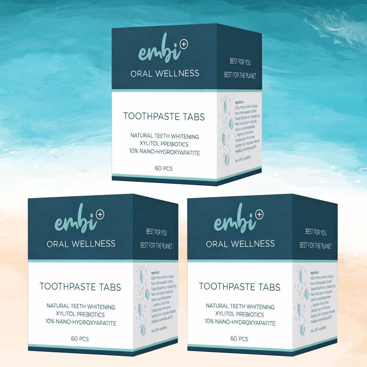 embi toothpaste tabs on a beach theme background 
